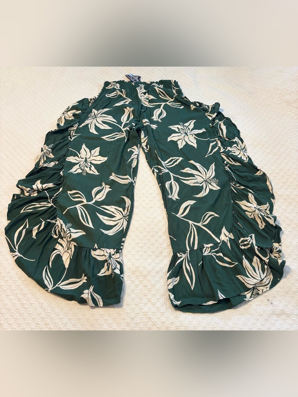 Angie Women’s Pants Dark Green Floral Wide-Leg Ruffles Resort Vacation Large